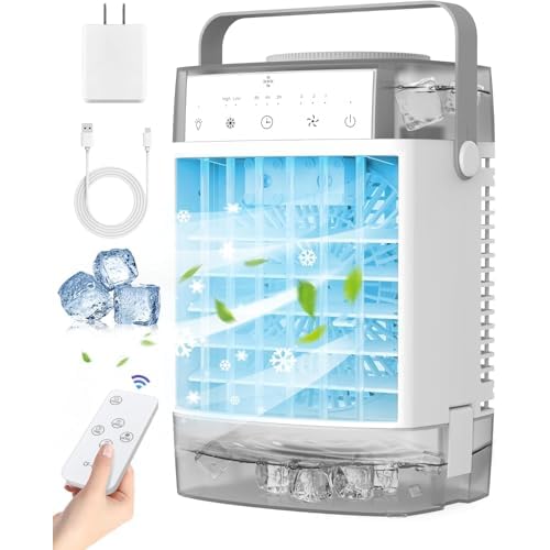 Portable Air Conditioner, Personal Evaporative Air Cooler with Dual Tank, 2 Mist Modes, 3 Wind Speed, USB Powered Desk Cooling Fan with 7-Color Mood Lighting for Office/Bedroom