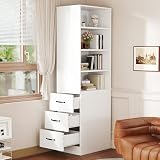 BENMWS Libreria extra sottile con cassetti laterali, 38 x 60 x 180 cm, bianco, ripiani regolabili, intercambiabili a sinistra e a destra, adatta per piccoli spazi, credenza, armadio alto per soggiorno
