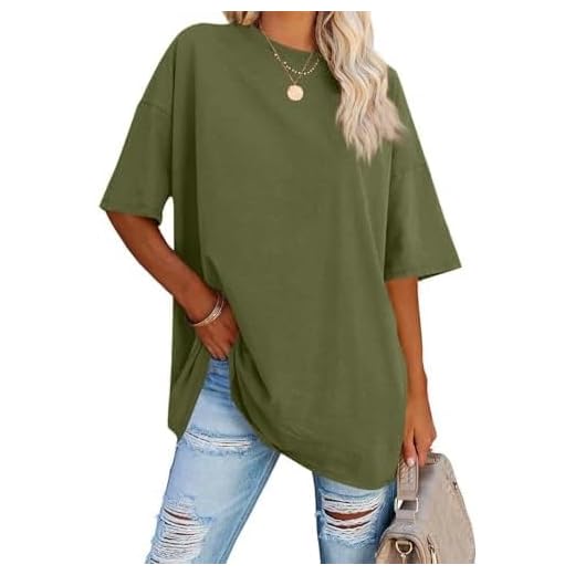 Ebifin Hauts pour femme - T-shirt oversize à manches courtes et col rond - Décontracté - Tee-shirt d’été - Blouse., Vert armée., S