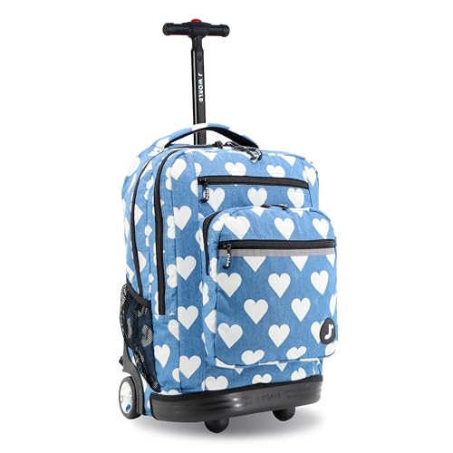 Image of J World Sundance Laptop Rolling Backpack for Girls Boys. Roller Bookbag with Wheels, 20 Inch, Demim Heart