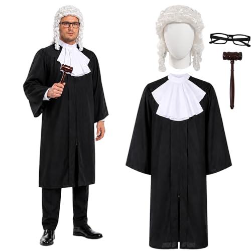 CFGPMM 5 PCS Halloween Judge Costume Accessory Judge Robe False Collar Wooden Gavel Wig Glasses for Adult Funny Career Cosplay (L)
