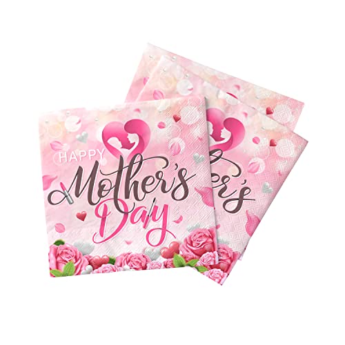 Happy Mother’s Day Party Supplies,40PCS Mother’s Day Paper Napkins,Watercolor Pink Flower Mom’s Dinner Decoration for Best Mom Birthday Gift