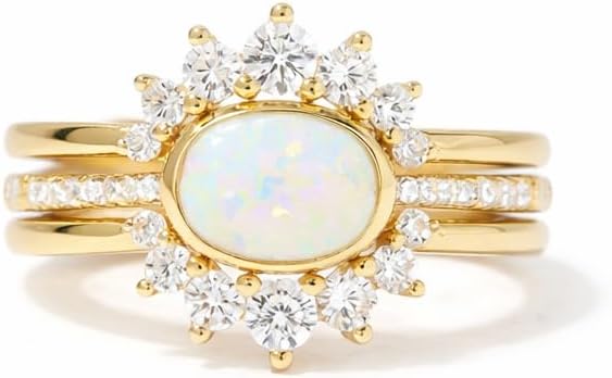18K Gold Plated Opal Ring Set for Women, 3PCS Crown Inspired Opal & Cubic Zirconia Rings in 925 Sterling Silver, Vintage Bridal Wedding Band Stackable Fine Jewelry