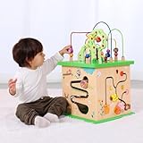 OOOK 5 in 1 Motorikwürfel, Motorikwürfel Groß aus Holz 58,5 X 33 X 33, Activity Board Tisch mit Motorikschleife, Montessori Motorikspielzeug für Kleinkinder