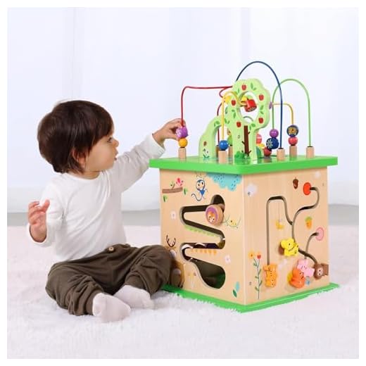 TOOKYLAND 5 in 1 Activity Center, Wooden Large Activity Play Cube 23"X13"X13", Wooden Learning Puzzle Toy for Toddlers, with Animal Friends, Shapes, Mazes, Shape Sorter