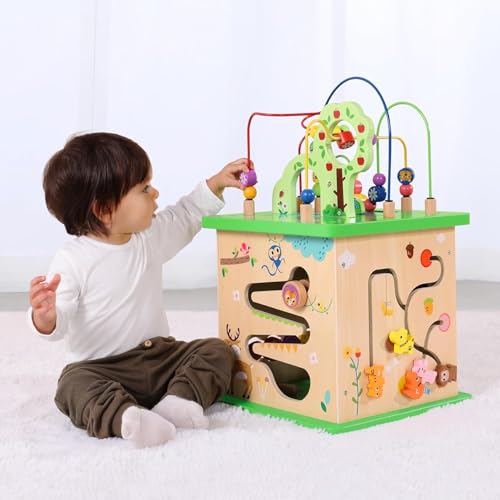 Image of TOOKYLAND 5 in 1 Activity Center, Wooden Large Activity Play Cube 23"X13"X13", Wooden Learning Puzzle Toy for Toddlers, with Animal Friends, Shapes, Mazes, Shape Sorter