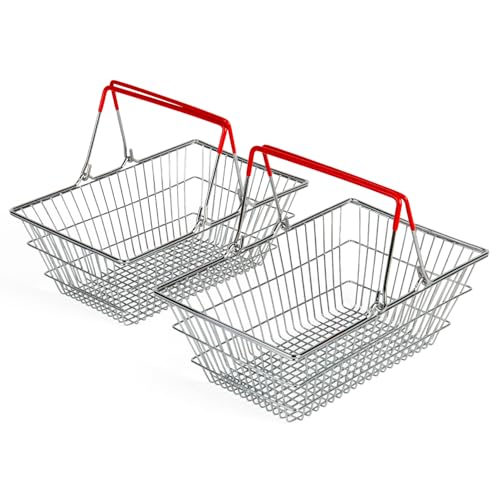 Bigjigs Toys Shopping Baskets | Set of 2 Realistic Metal Grocery Shop Toy | Comes with Small Collapsible Red Handles for Easy Storage | Accessories for Pretend Play | Toddler Gifts for Age 3+