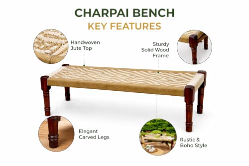 Image of Handwoven Wooden Bench | Traditional Rope Charpai Stool | Solid Wood Frame Seating for Living Room, Balcony & Outdoor | Durable & Stylish Design (White with Jute)