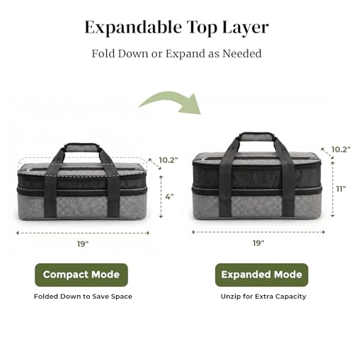 Image of DOWAN Insulated Casserole Carrier for 9x13 Baking Dish - Expandable Double Decker Food Carrier Bag for Hot or Cold Food, Thermal Lasagna Lugger Tote for Potluck, Picnic, Party & Travel - Grey