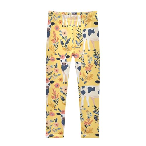 Wusikd Cows Flowers Girls' Leggings Toddler Doodles Boho Yellow Kids Yoga Pants Dance Active Tights 4T