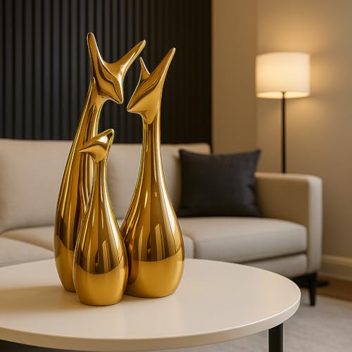 LIFEHAXTORE® Home Decor Lucky Deer Family | Metallic Golden Finish Ceramic Figurine for Decor - (Set of 3, Golden)