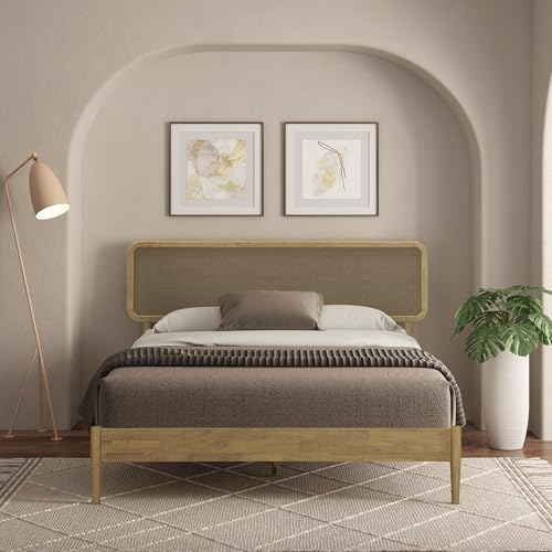 Image of NTC Lupin Wooden Bed Frame with Headboard, Solid Oak and Rubber Wood Foundation with Silent Slats and Wood Central Supports, 1000 Lb Capacity, Queen - Sand