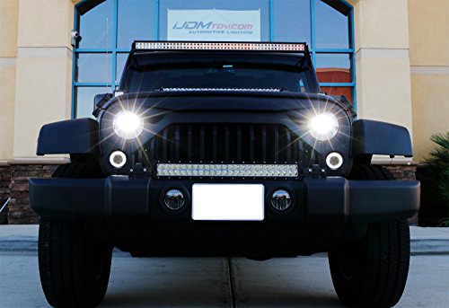 Image of iJDMTOY Smoked Lens LED Driving /DRL Turn Signal Lamp Assembly Compatible With Jeep 2007-17 Wrangler (White LED Halo Ring as Parking /Driving /DRL Lights & Amber LED Center Light as Turn Signals)
