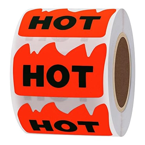 Hybsk 500pcs Rave Hot Stickers 2 x 1-1/5 Inch Fluorescent Red Hot Flame Fire Shape Labels Marking Popular Items for Restauresent Supermarkets Stores Shops (Fluorescent Red) Cover