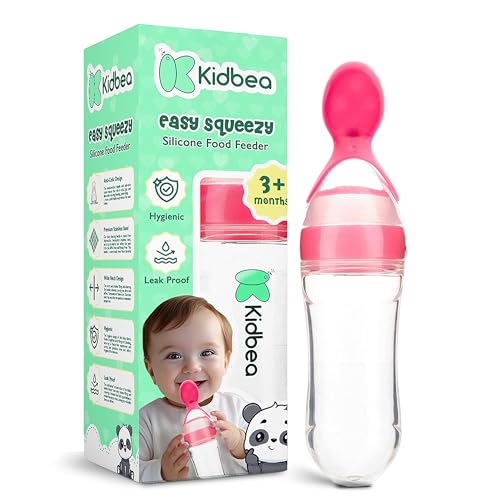 Image of Kidbea Silicone Baby Spoon Feeder Bottle 90ml | Squeeze Food Feeder for 3+ Months | BPA Free Baby Food Dispensing Spoon for Pure Cereal | Leak Proof Travel Feeding Bottle for Infants & Toddlers (Pink)