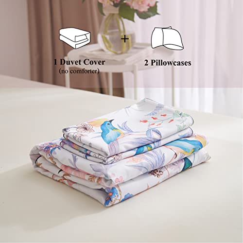 VM VOUGEMARKET Purple Floral Birds Duvet Cover Set,Botanical Flower Plants Pattern Bedding Set in Lilac with Zipper Closure No Comforter(3pcs, Queen Size)