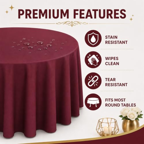 Image of WNINK 2 Pack Burgundy Round Tablecloth, 84 Inch Disposable Plastic Table Covers, Burgundy Round Table Cover for Wedding, Bridal Shower, Anniversary, Holiday, Banquet Party Supplies