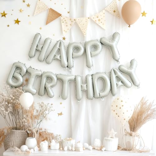 Image of Beige Happy Birthday Balloon Banner 16 Inch - Foil Happy Birthday Letters Balloons Neutral Decor for Men Women Birthday Party Decorations, Reusable Birthday Sign Supplies