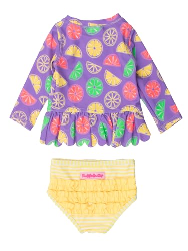 Image of RuffleButts Baby /Toddler Girls Scalloped Long Sleeve Rash Guard 2-Piece UPF50+ Sun Protected Swimsuit