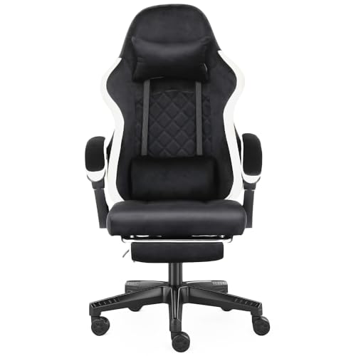 NEW LEADER Silla Gaming Ergonómica con Reposapiés, Respaldo Reclinable 140°, Cojín Lumbar y Cervical, Altura Ajustable, Tela Suave Transpirable, Silla de Oficina para Gaming (Negro)