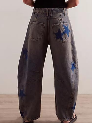 Womens Barrel Jeans Trendy Star Printed Baggy Wide Leg Jeans Boyfriend Y2k Stretchy Ankle Denim Pants3