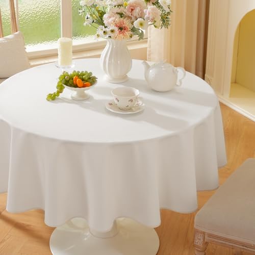 Image of Laolitou Round Tablecloth (Fits 30-48 inch Table) Linen Waterproof Textured White Table Cloth, Washable Wrinkle Free Spill Proof Fabric Tablecloths for Dining Table Farmhouse Kitchen, 60x60 Inch