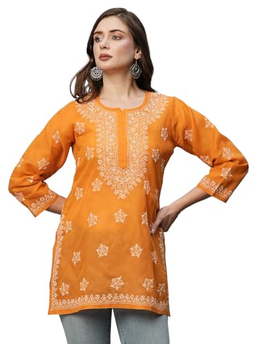 Image of Ada Hand Embroidered Lucknow Chikankari Straight Round Neck Cotton Blend Short Kurti Tunic Top for Women A911333