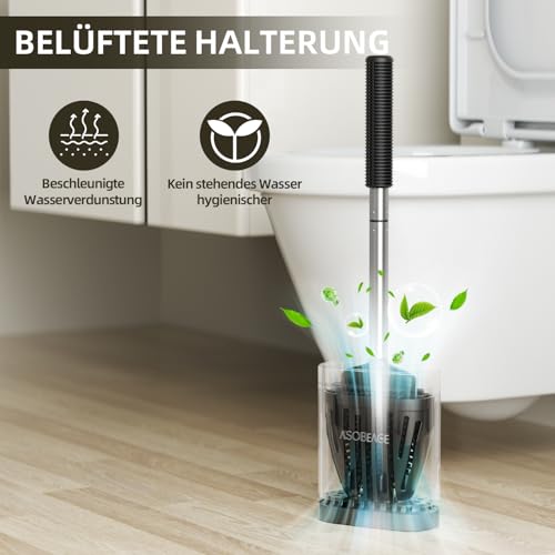 ASOBEAGE Silikon Toilettenbürste: Flexibler Kopf, Edelstahlgriff, Wandmontage, schnell trocknender Halter für die Reinigung des Badezimmers (Schwarz)
