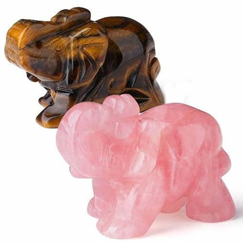 YATOJUZI 2" Rose Quartz Tigers Eye 2Pcs Elephant Decor Healing Crystal Cute Polished Natural Stone Hand-Carved Sculpture Statue Figurines Gemstone Hippie Home Room Office Desk Gifts for Women Men