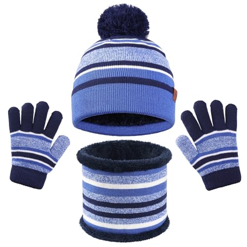 Generisch Gorro de invierno para niños, bufanda, guantes, juego de 3 piezas para niños y niñas, a rayas, cuello de guante de pompón, azul, Talla única
