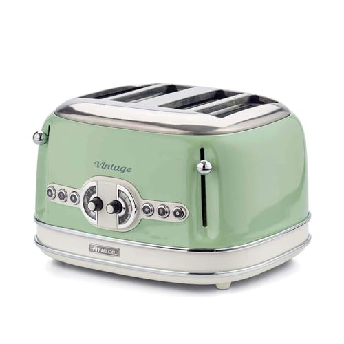 Ariete Vintage 156, broodrooster met 4 sneden, retro broodrooster met 6 broodroosters, automatische uitworp, ontdooifunctie, uitneembaar kruimelvak, behuizing van roestvrij staal, 1600 W, groen