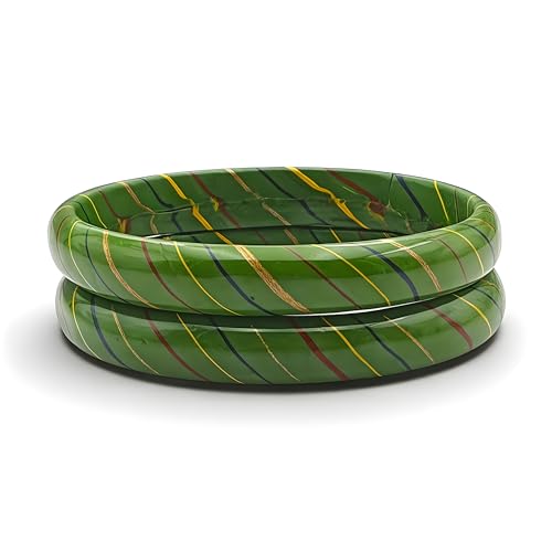Image of Traditional Rajasthani Lac Bangles for Women and Girls, Jaipuri Lahariya Design Lakh Lah Kada, Multicolor Striped Pattern, Red Green Maroon Sky Blue Pink Purple Yellow Grey Set of 2