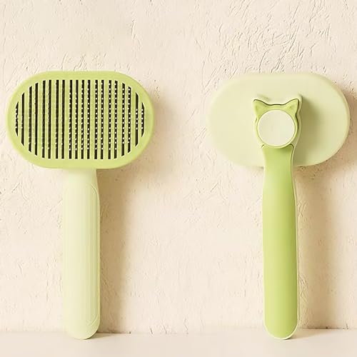 Image of Cat Brush, Dog Brush, Self Cleaning Slide Brush, Pet Grooming, SheddingHair, Fluffy Dog Hair Puppy Kitten, Pet Accessories. (Green)