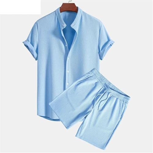Mens Casual Knitted Two Piece Sets Notched Blouse Shorts Suit Male Beach Tracksuits Set2