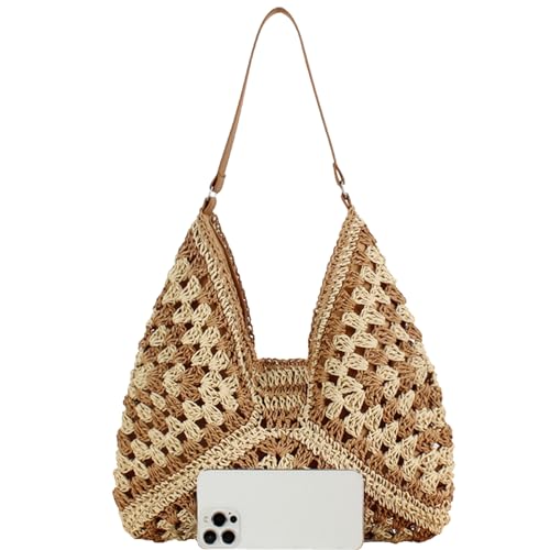 Straw Hobo Bag for Women 2025 Boho Woven Beach Purse Large Summer Straw Tote with Lining Black Raffia Shoulder Bag for Vacation Travel & Daily Use(style1-khaki)