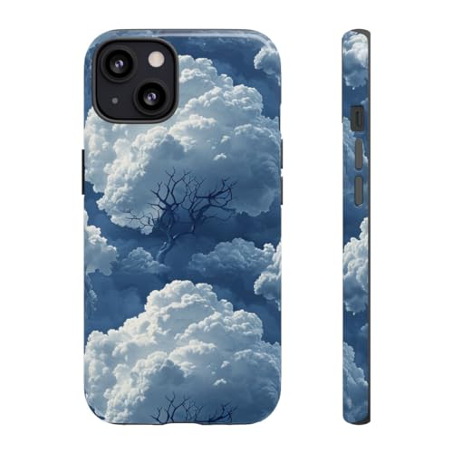 Coque iPhone 13 rigide bleue à motif nuage et arbre effet 3D
