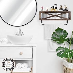 Autumn Alley Farmhouse Rustic Towel Rack Shelf Holder Wood Towel Rack Basket Storage Farmhouse Towel Holder for Rustic Bathroom and Farmhouse Kitchen Decor Wall Mounted Galvanized Rustic Brown