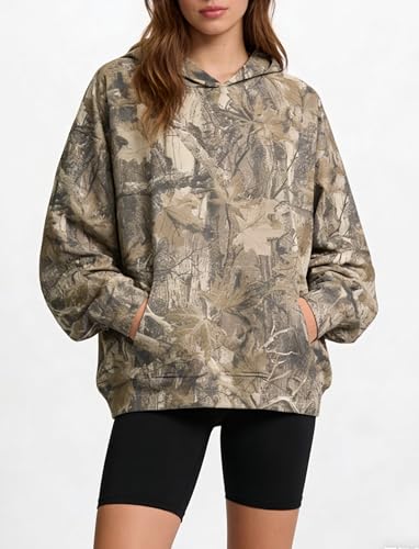 Image of Dsewpaur Camo Hoodie For Women Oversized Long Sleeve Drop Shoulder Fleece Hooded Sweatshirt Pullover With Pocket Outfits