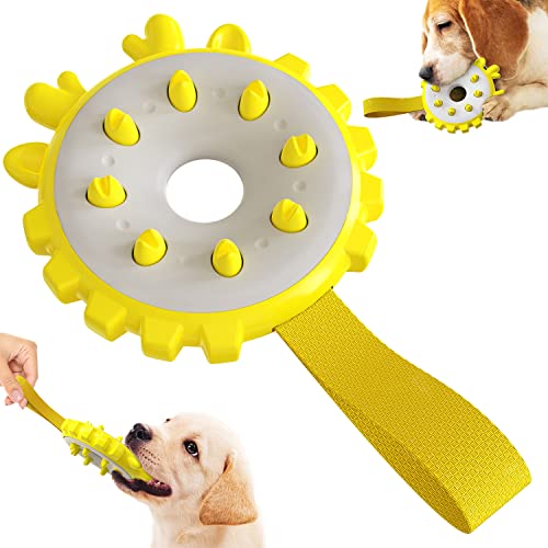 FOJJIYUAL Juguetes interactivos para Perros,Juguetes Perro Masticar y Limpieza Dental ,Denta Fun Juguete morder Perro con Cuerda de Mano,Tirar Juguete Perros para Entrenamiento y Ejercicio-Amarillo Cover