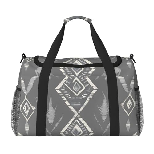 Grey Tribal Print Foldable Carry On Tote Large Capacity Hand Carry Bag for Airplane Weekend Getaways