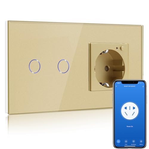 BSEED Smart Alexa Lichtschalter, WIFI Lichtschalter mit Steckdose Kompatibel mit Alexa, Google Home, Glas Touchscreen- schalter, Smart Lichtschalter 2 Fach 1 Weg Gold(Neutrale Leitung benötigt)