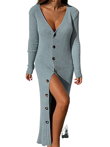 Image of ebossy Women's Ribbed Slim Long Knit Cardigan Sweater Sexy V Neck Button Down Crochet Maxi Dress Trench Coat (Small, Blue)