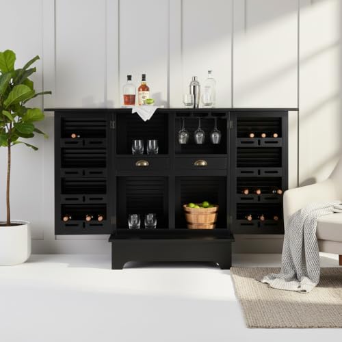 Image of APRODZ Mango Wood Downer Bar Cabinet with Wine Glass Storage for Living Room, Standard Black Finish