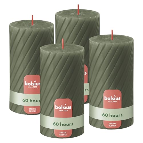 Bolsius Rustikale Stumpenkerzen – Geriffelt – Olivgrün – 4er...