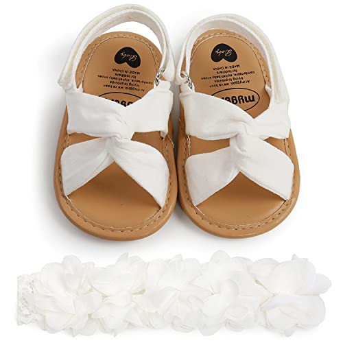 Image of QWZban 2pcs/Set Baby Girl Sandals with Flowers Headband,Princess Wedding Dress Flats Shoes Newborn Crib Shoes First Walkers Prewalkers