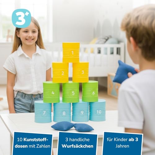 alldoro 60069 Dosenwerfen, Dosen-Wurfspiel, 10 nummerierte Kunststoff-Dosen & 3 Wurfsäckchen, für Kindergeburtstag & Party