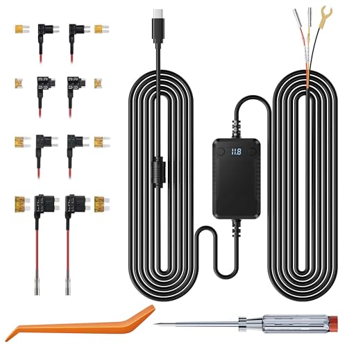 TERUNSOUl Dashcam Hardwiring Kit, Includes Two Sets of Four Fuse adapters and a USB-C Power Connector, Supporting 24-Hour Parking Monitoring and Low-Voltage Protection