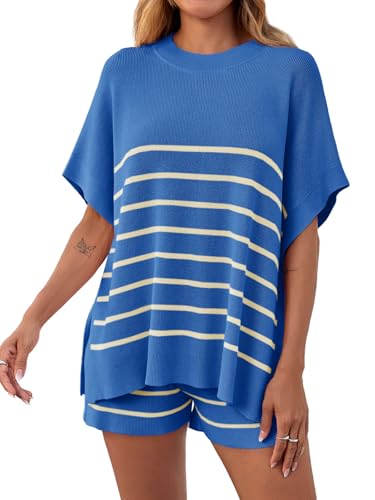 Fisoew Womens Striped 2 Piece Outfits Oversized Batwing Short Sleeve Tops High Waisted Shorts Summer Knit Lounge Short Sets Blue