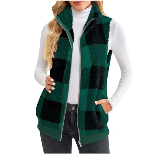 Womens Fuzzy Fleece Sherpa Vest Plaid Flannel Vest Coat Cute Vest for Teen Girls Sleeveless Winter Coat Zipper Jacket