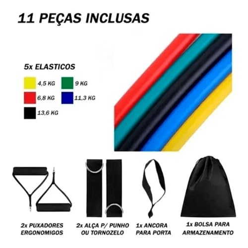 Kit Elástico Extensor 11 Peças 5 Faixas Elásticas Tubing Treino Exercício Funcional Musculação Yoga